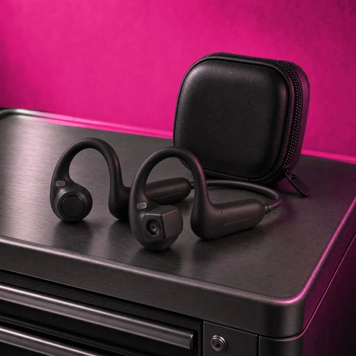 Echo Lens camera headphones and zip case against a pink wall