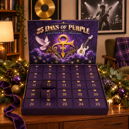 Purple Advent Calendar open on a sideboard