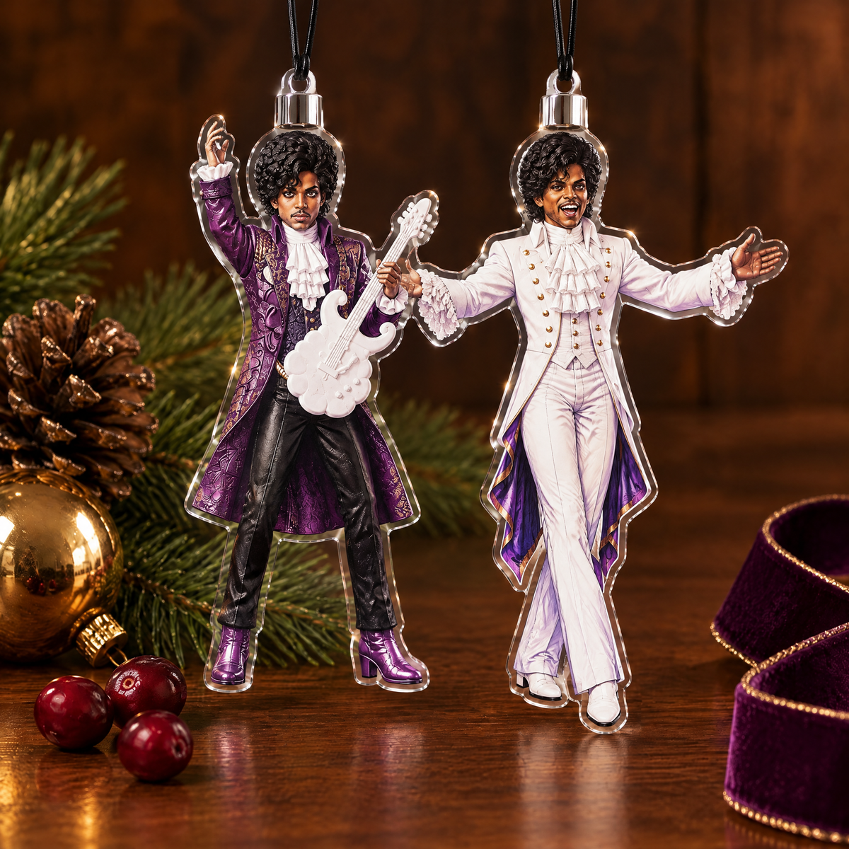Two flat acrylic ornaments from the Purple Advent Calendar, close up